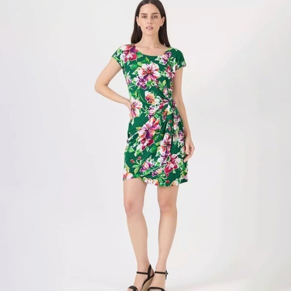 Connected Apparel Green Floral Faux Wrap Side Knot Sheath Dress Size 6 TMR27521M